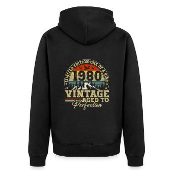 1980 Vintage Bis Zur Perfektion Gereift - Unisex Premium Bio Zip Hoodie - Schwarz - Hinten - Nico (187cm)