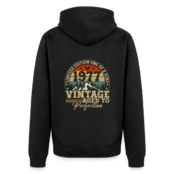 1977 Vintage Bis Zur Perfektion Gereift - Unisex Premium Bio Zip Hoodie - Schwarz - Hinten - Nico (187cm)
