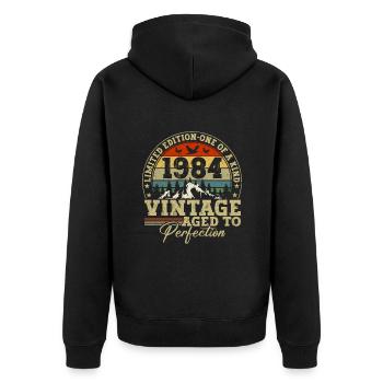 1984 Vintage Bis Zur Perfektion Gereift - Unisex Premium Bio Zip Hoodie - Schwarz - Hinten - Nico (187cm)