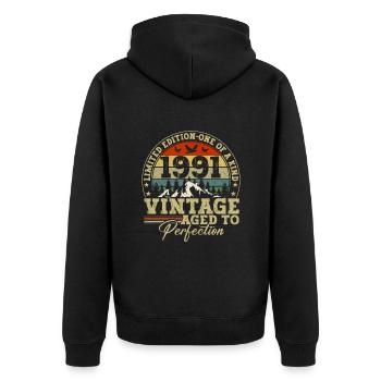 1991 Vintage Bis zur Perfektion Gereift - Unisex Premium Bio Zip Hoodie - Schwarz - Hinten - Nico (187cm)