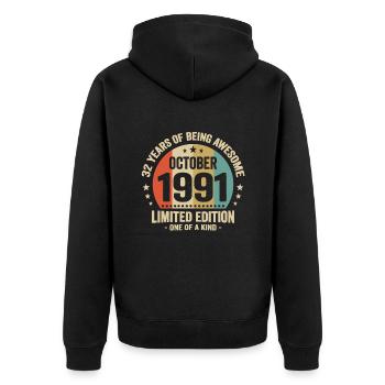 October 1991 32 Years Anniversary Vintage Gift - Unisex Premium Organic Zip Hoodie - black - Back - Nico (187cm)