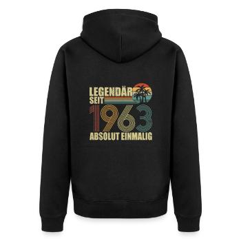 Hergestellt 1963, legendär seit dem ersten Tag - Unisex Premium Bio Zip Hoodie - Schwarz - Hinten - Nico (187cm)