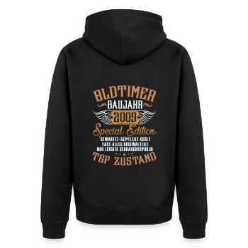 Oldtimer Special Edition Modell 2009 Geburtstag - Unisex Premium Bio Zip Hoodie - Schwarz - Hinten - Nico (187cm)