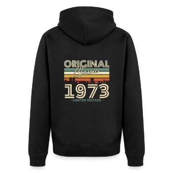 Vintage Jubiläum 1973 Limitierte Auflage - Unisex Premium Bio Zip Hoodie - Schwarz - Hinten - Nico (187cm)