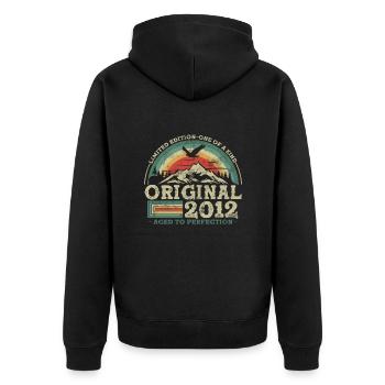 Original seit 2012 - Limitierte Auflage - Unisex Premium Bio Zip Hoodie - Schwarz - Hinten - Nico (187cm)