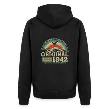 Original seit 1942 Limited Edition - Unisex Premium Bio Zip Hoodie - Schwarz - Hinten - Nico (187cm)