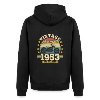 Vintage Novembre 1953 - 70 ans - Pièce unique - Veste à capuche bio Premium Unisexe - noir - Dos - Nico (187cm)