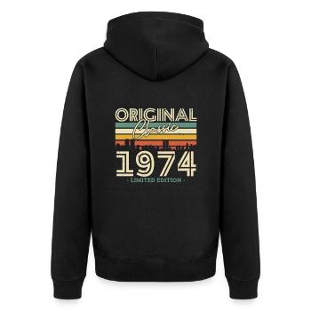 Originaler Klassiker 1974 - 50 Jahre - Unisex Premium Bio Zip Hoodie - Schwarz - Hinten - Nico (187cm)