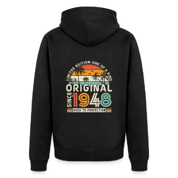 Vintage Original since 1948 - 75/76 years - Unisex Premium Organic Zip Hoodie - black - Back - Nico (187cm)