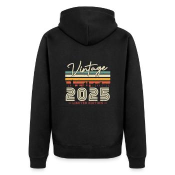 Vintage Geburtstagsgeschenk 2025 - Unisex Premium Bio Zip Hoodie - Schwarz - Hinten - Nico (187cm)