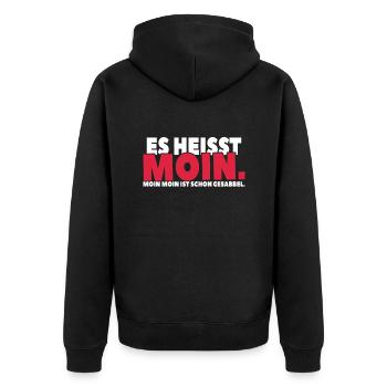 Moin-Moin-Spruch: Sabbel dich in den Tag hinein - Unisex Premium Bio Zip Hoodie - Schwarz - Hinten - Nico (187cm)