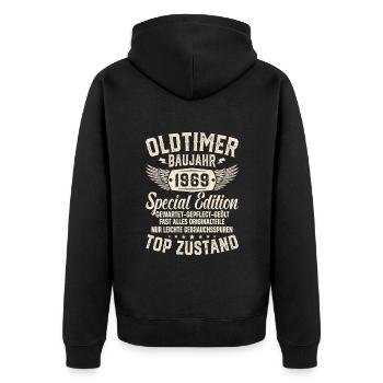 Kultiges Geschenk '69 Oldtimer - Unisex Premium Bio Zip Hoodie - Schwarz - Hinten - Nico (187cm)