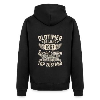 Klassisches Geburtstagsgeschenk '67 - Unisex Premium Bio Zip Hoodie - Schwarz - Hinten - Nico (187cm)