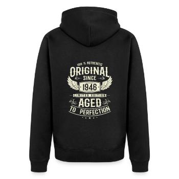 Authentisches Vintage Geburtstagsgeschenk 1946 - Unisex Premium Bio Zip Hoodie - Schwarz - Hinten - Nico (187cm)