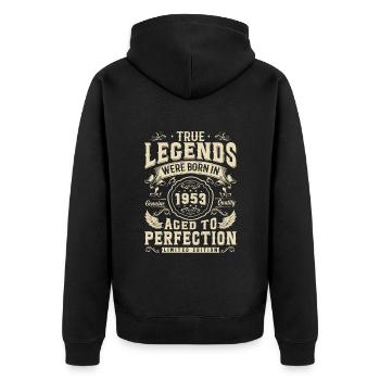 Legendär 1953 Geboren - 70/71 Jahre - Unisex Premium Bio Zip Hoodie - Schwarz - Hinten - Nico (187cm)