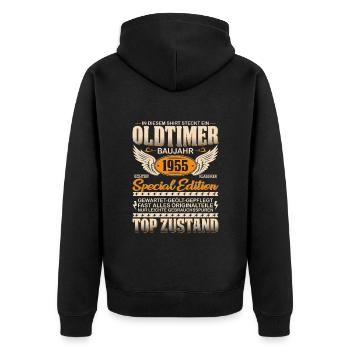 1955 Oldtimer Geschenk - Unisex Premium Bio Zip Hoodie - Schwarz - Hinten - Nico (187cm)
