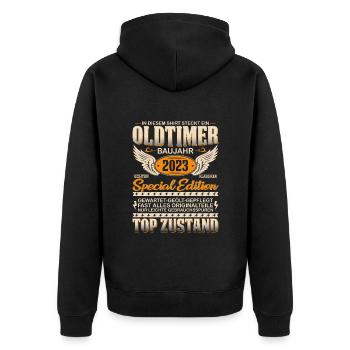 Einzigartiger Oldtimer 2023 - Unisex Premium Bio Zip Hoodie - Schwarz - Hinten - Nico (187cm)