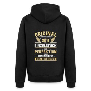 Einzigartiges 2011er Geschenk - Unisex Premium Bio Zip Hoodie - Schwarz - Hinten - Nico (187cm)