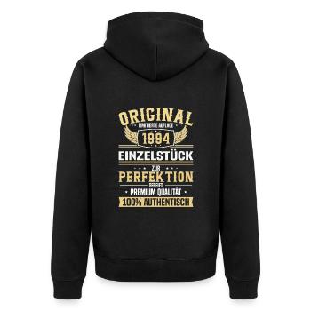 Einzigartiges Jahrgangsgeschenk 1994 - Unisex Premium Bio Zip Hoodie - Schwarz - Hinten - Nico (187cm)
