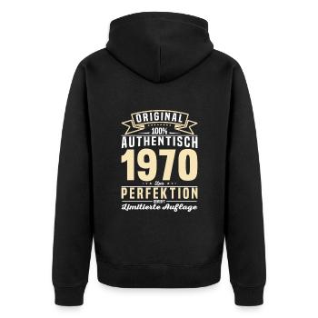 Authentisches 1970er Vintage Geschenk - Unisex Premium Bio Zip Hoodie - Schwarz - Hinten - Nico (187cm)