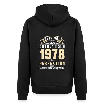 Authentisches 1978 Vintage Geschenk - Unisex Premium Bio Zip Hoodie - Schwarz - Hinten - Nico (187cm)