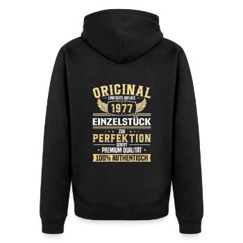 1977 Original Limitiert - Unisex Premium Bio Zip Hoodie - Schwarz - Hinten - Nico (187cm)