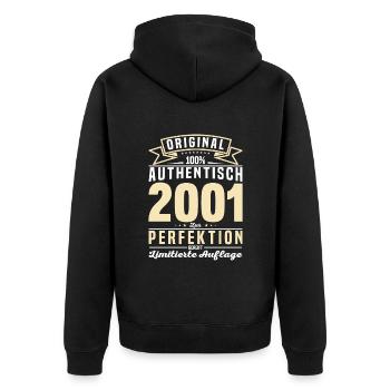 Vintage Jahrgang 2001 - Authentisch und Zeitlos - Unisex Premium Bio Zip Hoodie - Schwarz - Hinten - Nico (187cm)