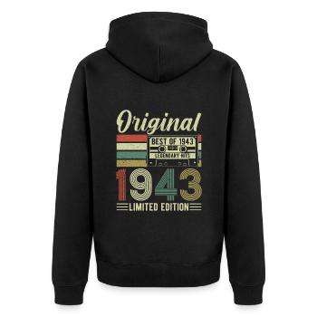 1943 - Cadeau d’anniversaire vintage - Veste à capuche bio Premium Unisexe - noir - Dos - Nico (187cm)