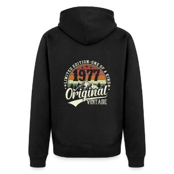Vintage 1977: Zeitloses Geburtstagsgeschenk - Unisex Premium Bio Zip Hoodie - Schwarz - Hinten - Nico (187cm)
