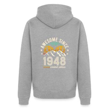 1948 - Un voyage légendaire dans le temps - Veste à capuche bio Premium Unisexe - gris chiné - Dos - Nico (187cm)