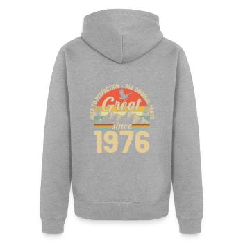 1976 - Une année légendaire - Veste à capuche bio Premium Unisexe - gris chiné - Dos - Nico (187cm)