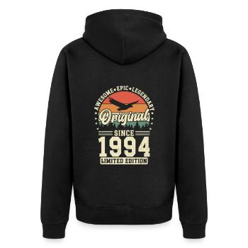 1994: Zeitlose Vintage-Eleganz - Unisex Premium Bio Zip Hoodie - Schwarz - Hinten - Nico (187cm)