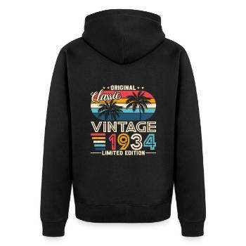 Stilvoller 90. Geburtstag - Jahrgang 1934 - Unisex Premium Bio Zip Hoodie - Schwarz - Hinten - Nico (187cm)