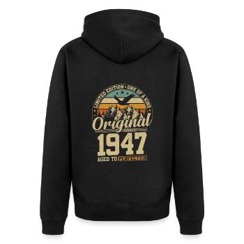 Millésime 1947 - Légendaire 77e anniversaire - Veste à capuche bio Premium Unisexe - noir - Dos - Nico (187cm)