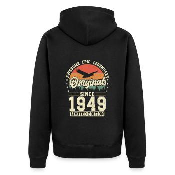 75e anniversaire légendaire - Né en 1949 - Veste à capuche bio Premium Unisexe - noir - Dos - Nico (187cm)