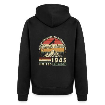 Born in 1945 – Legendary 79th Birthday - Unisex Premium Organic Zip Hoodie - black - Back - Nico (187cm)
