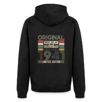 Vintage 83. Geburtstag - Geboren im Jahr 1941 - Unisex Premium Bio Zip Hoodie - Schwarz - Hinten - Nico (187cm)