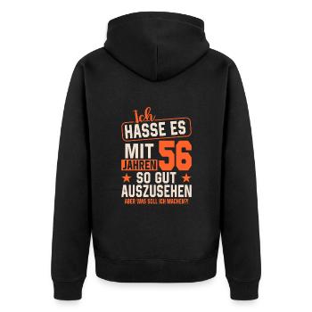 Junggeblieben mit 56 Jahren - Unisex Premium Bio Zip Hoodie - Schwarz - Hinten - Nico (187cm)