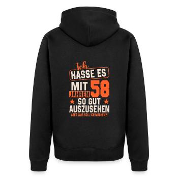 Jung geblieben mit 58 Jahren - Unisex Premium Bio Zip Hoodie - Schwarz - Hinten - Nico (187cm)
