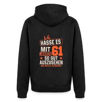 Junggeblieben mit 61 Jahren - Unisex Premium Bio Zip Hoodie - Schwarz - Hinten - Nico (187cm)