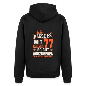 Legendär mit 77 Jahren - Unisex Premium Bio Zip Hoodie - Schwarz - Hinten - Nico (187cm)