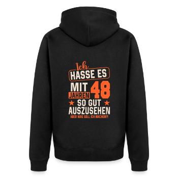 Vintage 48 - Zeitlose Eleganz - Unisex Premium Bio Zip Hoodie - Schwarz - Hinten - Nico (187cm)