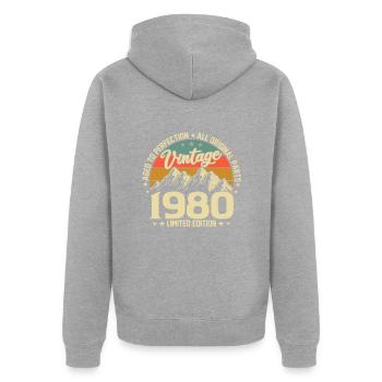 Anniversaire des années 1980 - Veste à capuche bio Premium Unisexe - gris chiné - Dos - Nico (187cm)