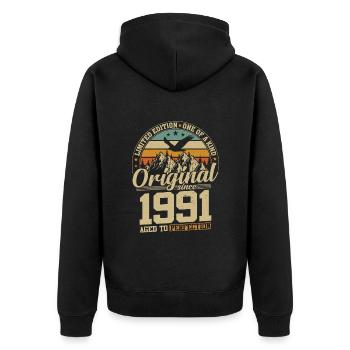 Vintage 1991 Anniversary - Unisex Premium Organic Zip Hoodie - black - Back - Nico (187cm)