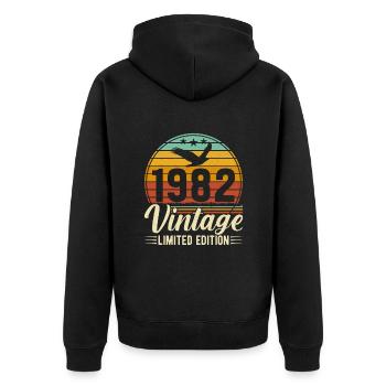 Zeitreise 1982 - Nostalgie und Erinnerungen - Unisex Premium Bio Zip Hoodie - Schwarz - Hinten - Nico (187cm)