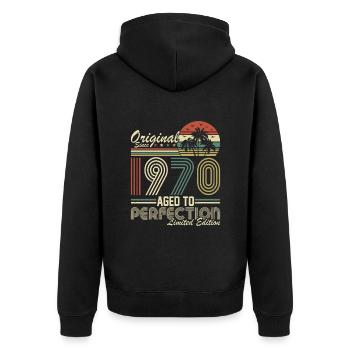 Vintage 1970 Original Tee - Unisex Premium Bio Zip Hoodie - Schwarz - Hinten - Nico (187cm)