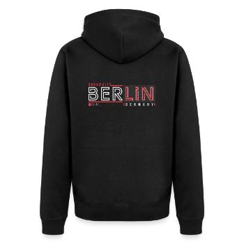 Berliner Urban City Style Fan Reise Streetwear - Unisex Premium Bio Zip Hoodie - Schwarz - Hinten - Nico (187cm)