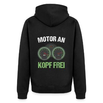 Motor an - Kopf frei - Motorrad Biker Geschenk - Unisex Premium Bio Zip Hoodie - Schwarz - Hinten - Nico (187cm)