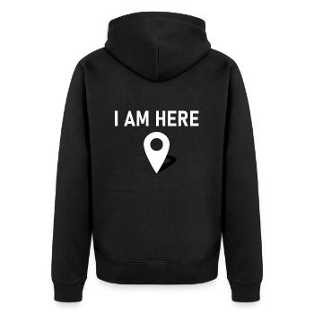 I am here 📍 - Unisex Premium Organic Zip Hoodie - black - Back - Nico (187cm)