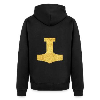 Mjölnir Schutzsymbol Mjölnir Thors Hammer - Unisex Premium Bio Zip Hoodie - Schwarz - Hinten - Nico (187cm)